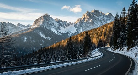 Scenic Winding Mountain Road Through Snow Covered Forest Towards Majestic Peaks Under Blue Sky Sunlight