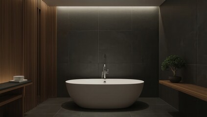 Modern bathroom featuring a freestanding tub, dark tile walls, and natural wood accents for a spa feel.