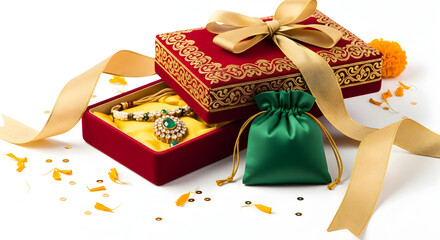 Elegant Indian jewelry gift set for Diwali celebration or wedding present, with gold ribbon and marigold flower accents, perfect for luxurious gifting