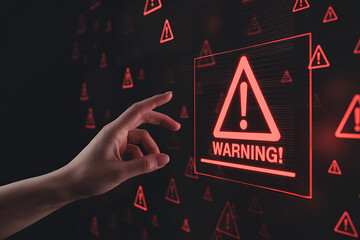 Hand reaching towards glowing warning sign digital alert cybersecurity danger concept
