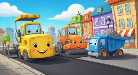 Cute cartoon construction vehicles building a road in a town