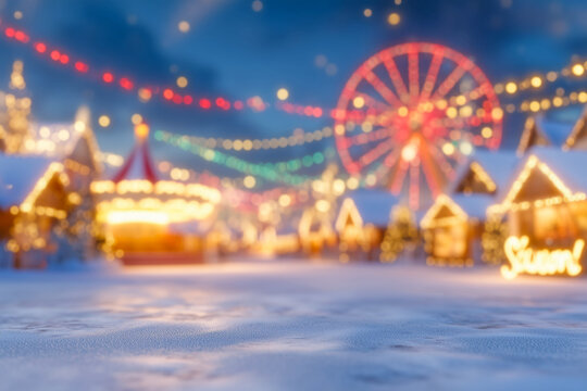 Festive winter fairground with snowy foreground, glowing Ferris wheel and carousel, colorful string lights across blurred holiday market, magical Christmas celebration night background