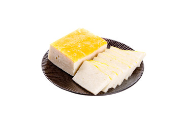 Homemade Tofu Cake with Golden Topping Sliced on Wooden Plate White Background Food Photography