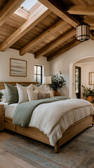 Fototapeta premium Cozy rustic bedroom with exposed beams, plush bedding, and warm natural sunlight. AI generated