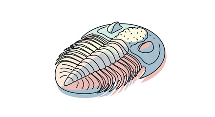 Ancient Trilobite Fossil Reimagined in Modern Line Art with Offset Pastel Colors.