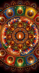 Obraz premium Vibrant Diwali celebration with stunning colorful mandala and glowing oil lamps, perfect for festive greetings and cultural events worldwide