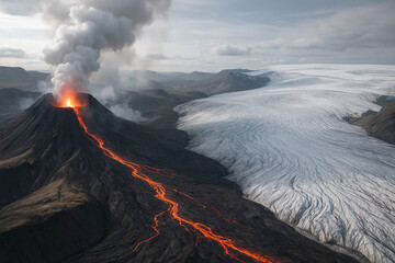 Volcanic Eruption and Glacier Aerial View
