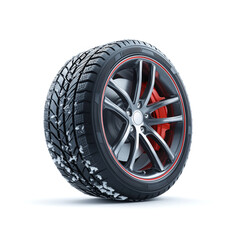 Obraz premium Winter tire with alloy rim showing snow grip and cold-weather driving performance. AI generated
