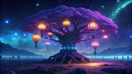 A magical tree adorned with lanterns glows under a starry night sky