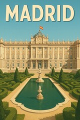 Detailed vintage travel poster illustration of the Royal Palace of Madrid Spain with sculpted gardens symmetrical fountains and a Spanish flag flying atop the central dome