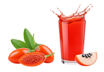 A vibrant glass of juice with goji berries and a sliced fruit, creating a healthy and colorful image.