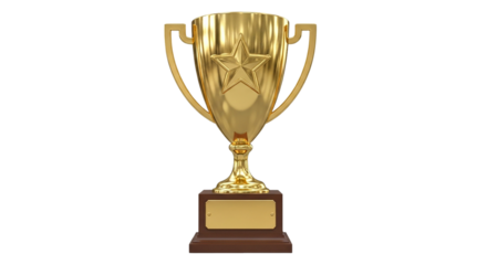 A gleaming golden trophy symbolizing victory and achievement standing tall on a rich wooden base