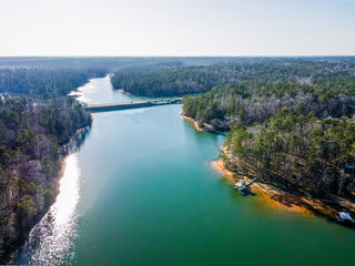 Aerial landscape Clarks Hill Lake in winter after Hurricane Helene in Appling Augusta Georgia