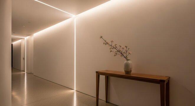 Modern Hallway Lighting Design with Integrated LED Strips Creating Ambiance and Architectural Interest