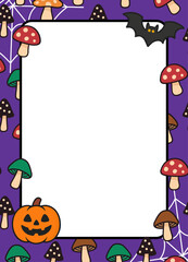 Frame background with colorful poisonous mushrooms for halloween, pumpkins and bat and spider webs