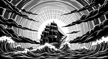 Fototapeta premium A dramatic black and white illustration of a sailing ship battling stormy seas with a radiant sunburst behind it