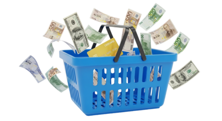 A vibrant scene of global currencies flowing into a blue shopping basket reflecting consumerism with