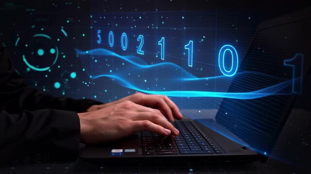 Hacker typing on laptop with binary code and digital waves