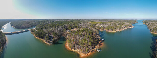 Aerial landscape Clarks Hill Lake in winter after Hurricane Helene in Appling Augusta Georgia