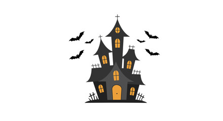 A silhouetted haunted house with bats flying around it