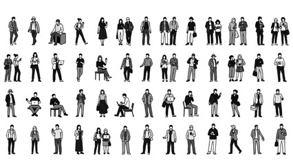 Vector Illustration of Large Collection of Diverse People Silhouettes in Various Poses AI EPS PNG