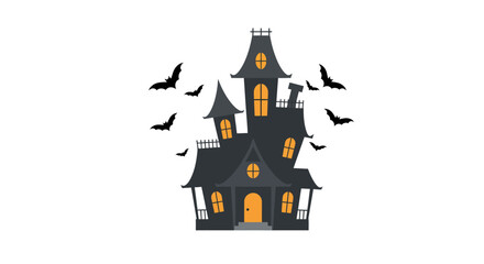 A haunted house with bats flying around it