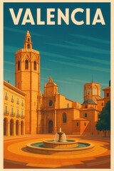 Fototapeta premium Scenic retro-style illustration of a fountain in Plaza de la Virgen facing the baroque entrance and bell tower of Valencia Cathedral in Valencia Spain