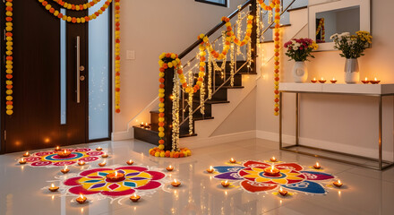 Celebrate Diwali with vibrant rangoli art and warm diya lights, creating a festive and inviting ambiance for family gatherings and cultural traditions