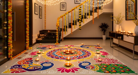 Celebrate Diwali with a stunning, colorful Rangoli design and festive decorations creating a warm and inviting atmosphere for joyful gatherings