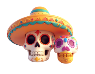  Cartoon 3D sombrero calavera and skull head illustration isolated on transparent background PNG