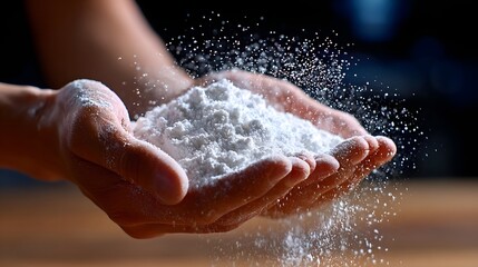 Fototapeta premium Close-up of hands gently sprinkling or dusting flour or another powdered ingredient over a surface, as part of the cooking or baking process in a kitchen setting.