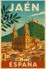 Fototapeta premium Historic cathedral of Jaén, Spain with terracotta rooftops and a medieval hilltop castle under a clear blue sky, framed by olive branches in this scenic poster view