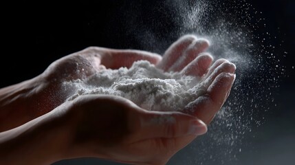Fototapeta premium Close-up of human hands sifting and spreading flour, a common ingredient used in baking and cooking various food items in a domestic kitchen setting.