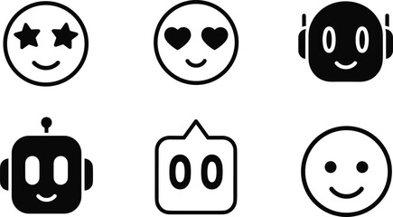 Obraz premium Black and white emoticon icons, robot face vector set, smiley avatar pack, minimal character design, UI emoji illustration collection