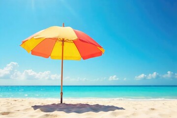 A vibrant resort umbrella provides shade on a sunny beach, casting a cool shadow on the warm sand Perfect for travel, vacation, and summer themes , UV, stand, blue