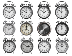 Collection of classic retro alarm clocks close-up front view isolated on transparent background PNG