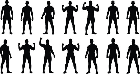 Bodybuilder, silhouettes, male, fitness, poses, flexing, standing, muscular, anatomy, vector, illustration, strength, gym, athlete, workout, physique, posture, black, graphic, design