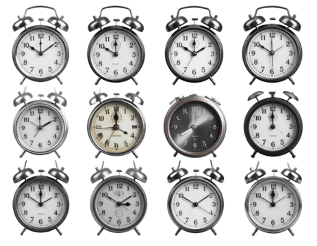 Collection of classic retro alarm clocks close-up front view isolated on transparent background PNG - Powered by Adobe