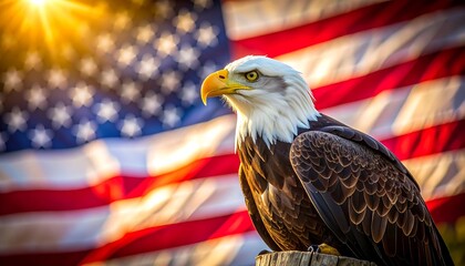 Naklejka premium American Bald Eagle Portrait with USA Flag Backdrop.