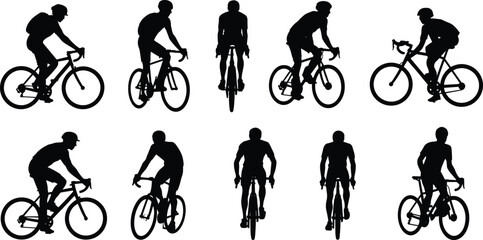 Cyclist silhouettes riding road bikes in motion, front side rear views, helmet posture, sports racing vector illustration for stock content