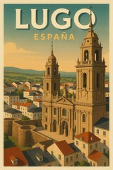 Fototapeta premium Vintage style travel poster of Lugo Spain showing a detailed aerial view of the cathedral and Roman walls surrounded by traditional buildings and scenic countryside