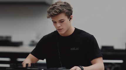 A teenager customizes a skateboard deck in a garage with spray paint hissing stencils taped a deck clamped and a playlist blasting captured in a vibrant photo with paint