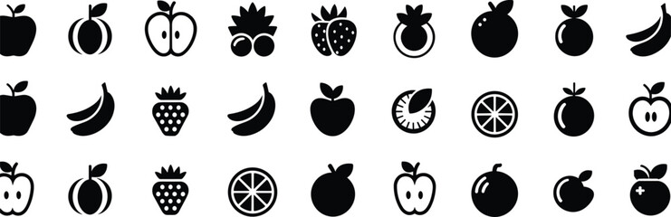 Fruit, icons, silhouettes, black, white, vector, illustration, apple, banana, strawberry, orange, cherry, peach, fig, citrus, design, graphic, healthy, food, minimal, collection