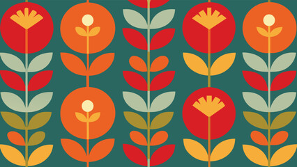 Fototapeta premium Mid- Century Modern Geometric Floral Pattern in Teal Orange and Red mid-century modern retro