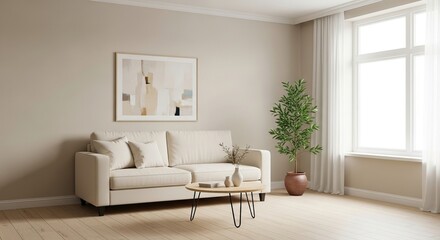 Fototapeta premium Serene Living Room Design Featuring a Comfortable Sofa and Bright Natural Light