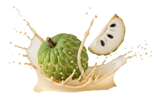 Fresh cherimoya fruit with a splash of creamy liquid, highlighting the vibrant green texture and creamy beige liquid.