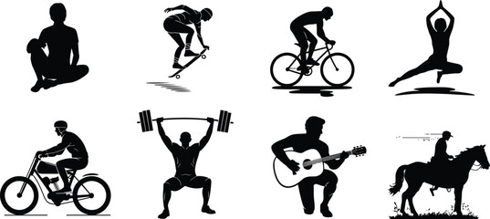 People, silhouettes, activities, sports, yoga, cycling, skateboarding, guitar, horse riding, fitness, meditation, motorcycle, vector, illustration, posture, lifestyle, black, graphic, design, hobby