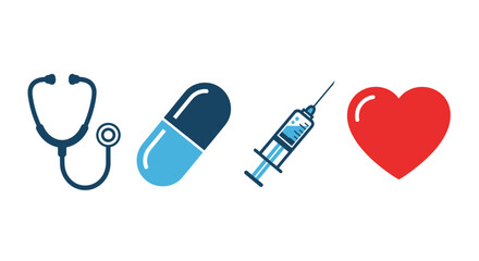 Vector set of 4 healthcare icons, stethoscope pill syringe heart flat clean medical hospital medicine health symbols isolated