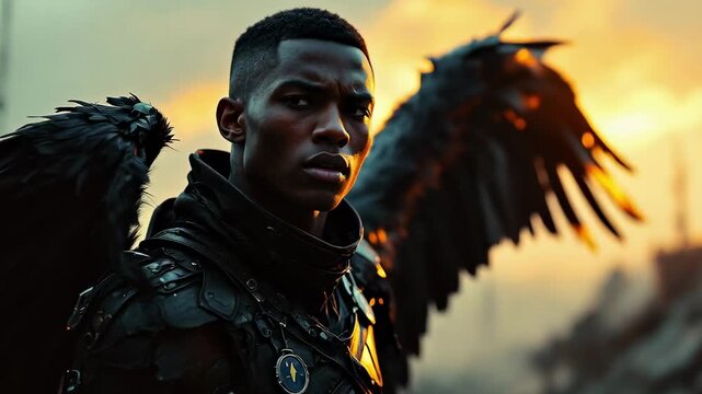 Man with dark wings against a sunset sky