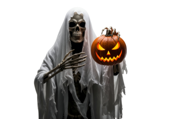 A skeletal figure, draped in a tattered white shroud, holds a glowing jack-o'-lantern against a dark backdrop.